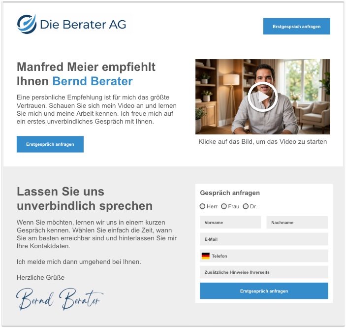 Pers&ouml;nliche Empfehlungsseite mit Kontaktformular